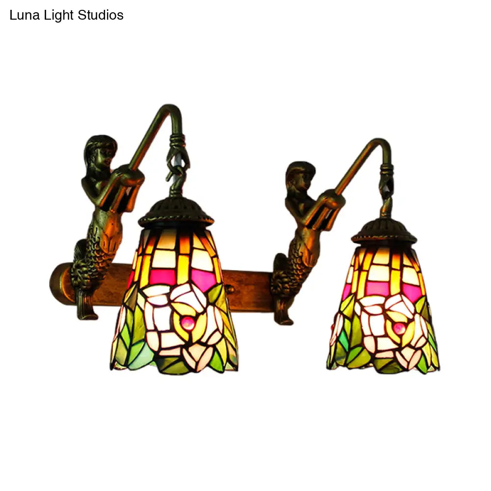 Multicolor Stained Glass Tiffany Flared Wall Mount Light - 2 Heads Hallway With Peacock Tail/Flower