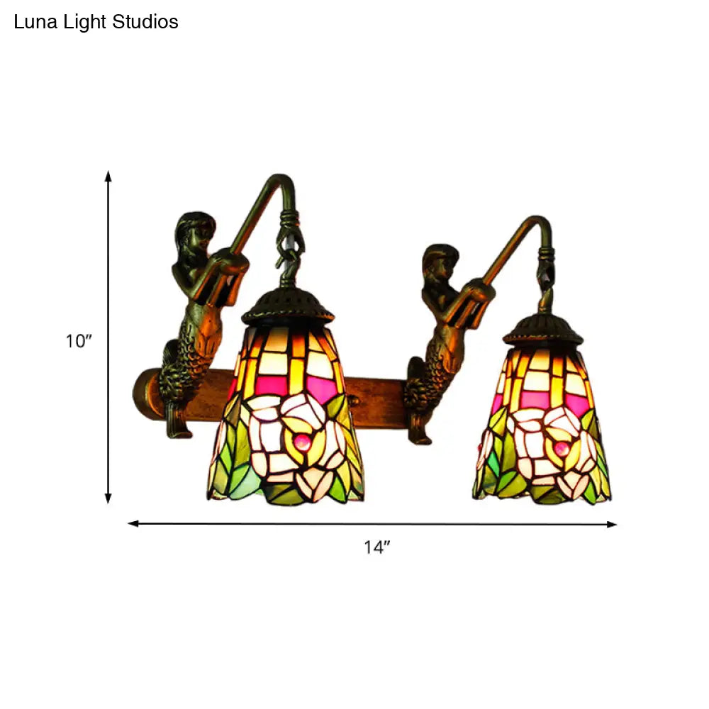 Multicolor Stained Glass Tiffany Flared Wall Mount Light - 2 Heads Hallway With Peacock Tail/Flower