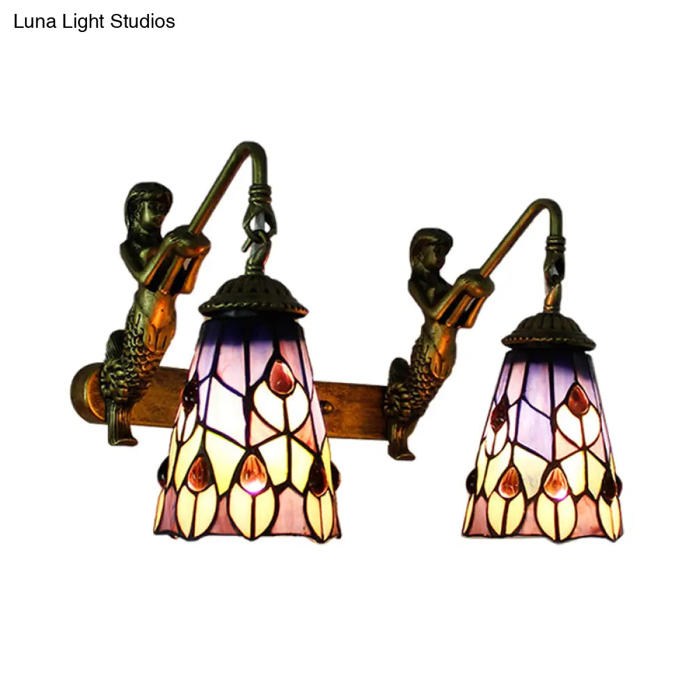 Multicolor Stained Glass Tiffany Flared Wall Mount Light - 2 Heads Hallway With Peacock Tail/Flower
