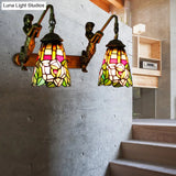 Multicolor Stained Glass Tiffany Flared Wall Mount Light - 2 Heads Hallway With Peacock Tail/Flower