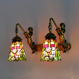 Multicolor Stained Glass Tiffany Flared Wall Mount Light - 2 Heads Hallway With Peacock Tail/Flower
