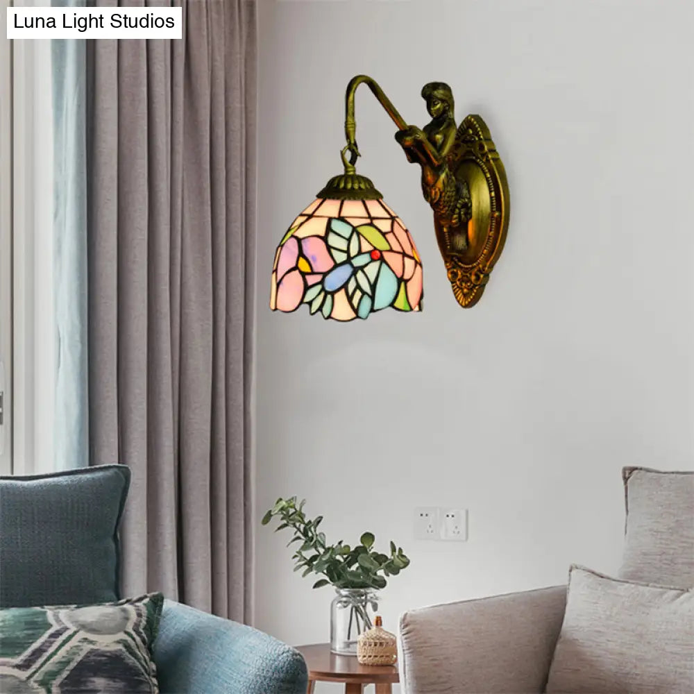 Multicolor Stained Glass Wall Sconce - Tiffany Style Blue-Pink Bowl Design