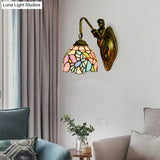 Multicolor Stained Glass Wall Sconce - Tiffany Style Blue-Pink Bowl Design