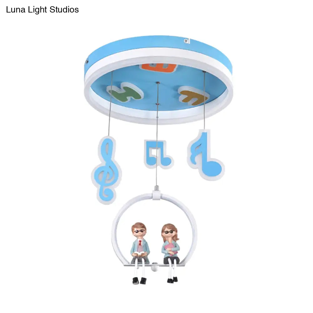 Musical Note Led Ceiling Light With Adorable Boy And Girl Resin Figures - Blue Acrylic Flush Mount