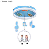 Musical Note Led Ceiling Light With Adorable Boy And Girl Resin Figures - Blue Acrylic Flush Mount