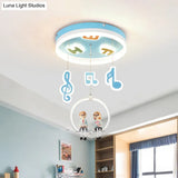 Musical Note Led Ceiling Light With Adorable Boy And Girl Resin Figures - Blue Acrylic Flush Mount
