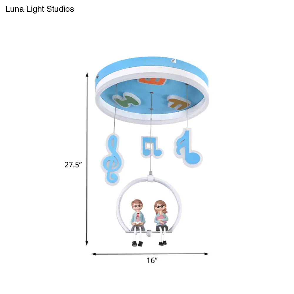Musical Note Led Ceiling Light With Adorable Boy And Girl Resin Figures - Blue Acrylic Flush Mount