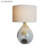 Natalie - Pastoral Drum Restaurant Table Light Fabric 1-Head Cream Gray Night Lamp With Clear Glass