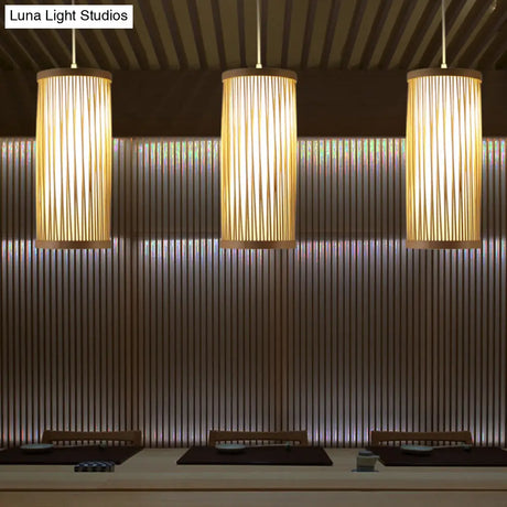 Natural Bamboo Asian Pendant Ceiling Light With Cylinder Wood Shade