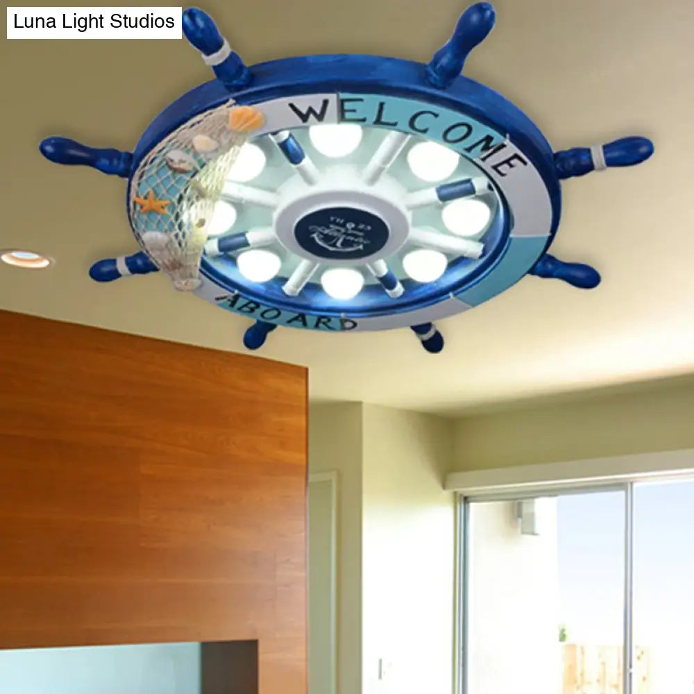 Nautical 8 - Light Metal Ceiling Lamp In Blue For Kindergarten Rooms With Rudder Design