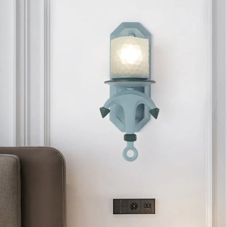 Nautical Blue Glass Cylinder Wall Light With Resin Anchor Deco - Mount Lamp 1 /