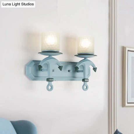 Nautical Blue Glass Cylinder Wall Light With Resin Anchor Deco - Mount Lamp