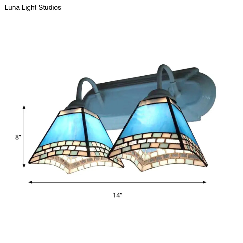 Nautical Blue Glass Pyramid Wall Lamp - 2 Heads Mount Light For Bathroom