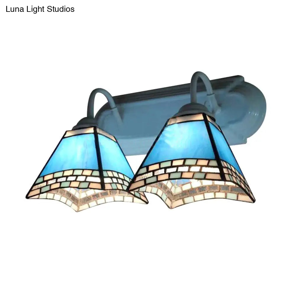 Nautical Blue Glass Pyramid Wall Lamp - 2 Heads Mount Light For Bathroom