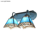 Nautical Blue Glass Pyramid Wall Lamp - 2 Heads Mount Light For Bathroom