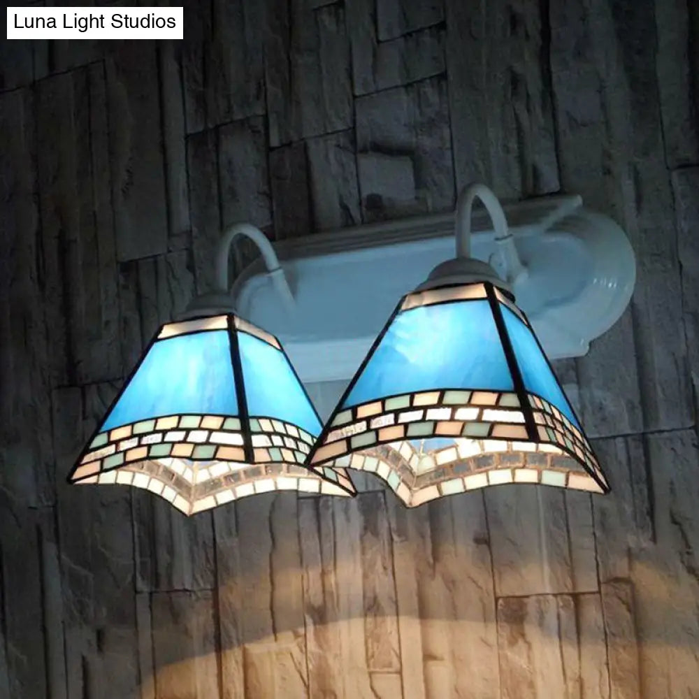 Nautical Blue Glass Pyramid Wall Lamp - 2 Heads Mount Light For Bathroom
