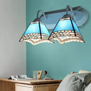 Nautical Blue Glass Pyramid Wall Lamp - 2 Heads Mount Light For Bathroom