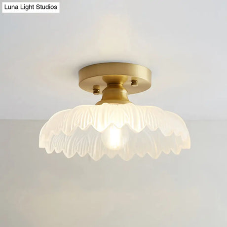Nautical Brass Glass Flush Ceiling Light With 1 Bulb - Small Size For Corridors