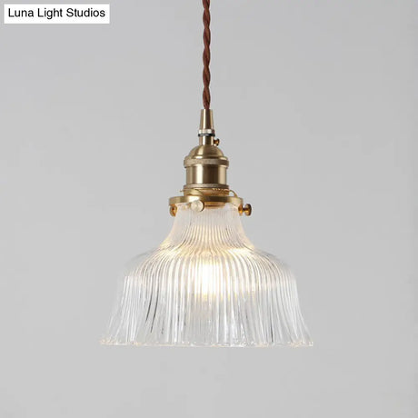 Nautical Brass Pendant Lamp - Clear Glass Pleated Design 1-Light Ceiling Fixture For Restaurants