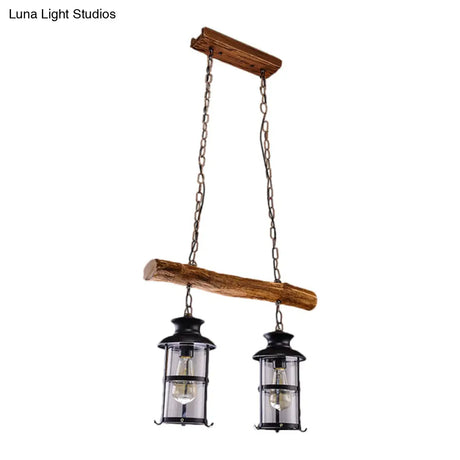 Nautical Clear Glass Cluster Pendant With Wood Design - Brown 2/3-Bulb Island Lighting