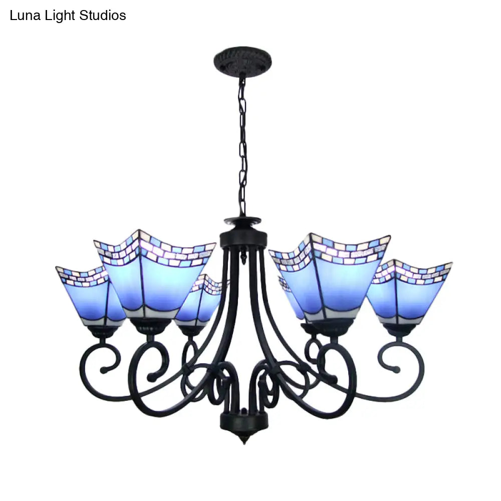 Nautical Cone Chandelier Lamp: Stained Glass Pendant Lighting In Sky Blue/Blue - 6 Lights