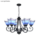 Nautical Cone Chandelier Lamp: Stained Glass Pendant Lighting In Sky Blue/Blue - 6 Lights