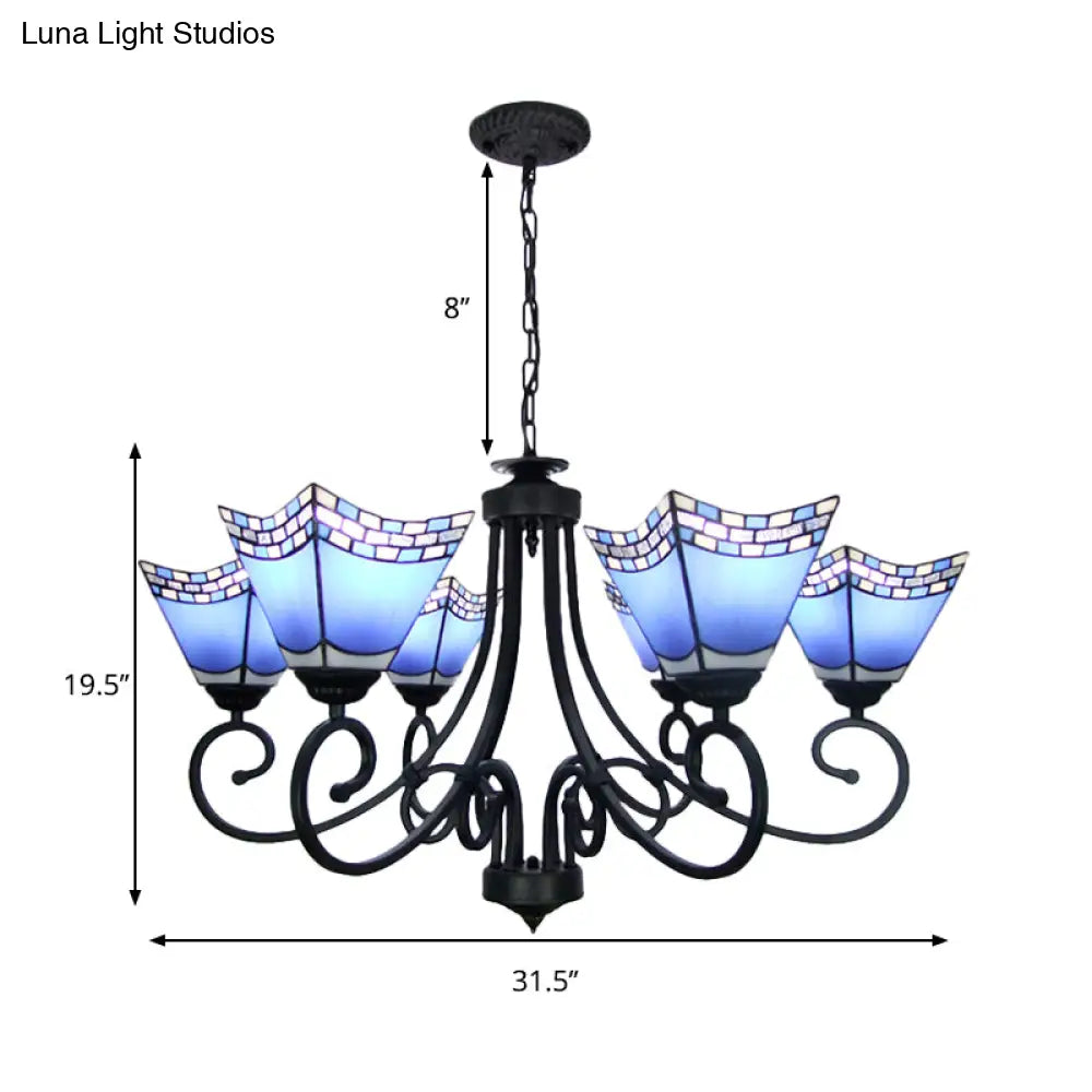 Nautical Cone Chandelier Lamp: Stained Glass Pendant Lighting In Sky Blue/Blue - 6 Lights