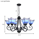 Nautical Cone Chandelier Lamp: Stained Glass Pendant Lighting In Sky Blue/Blue - 6 Lights