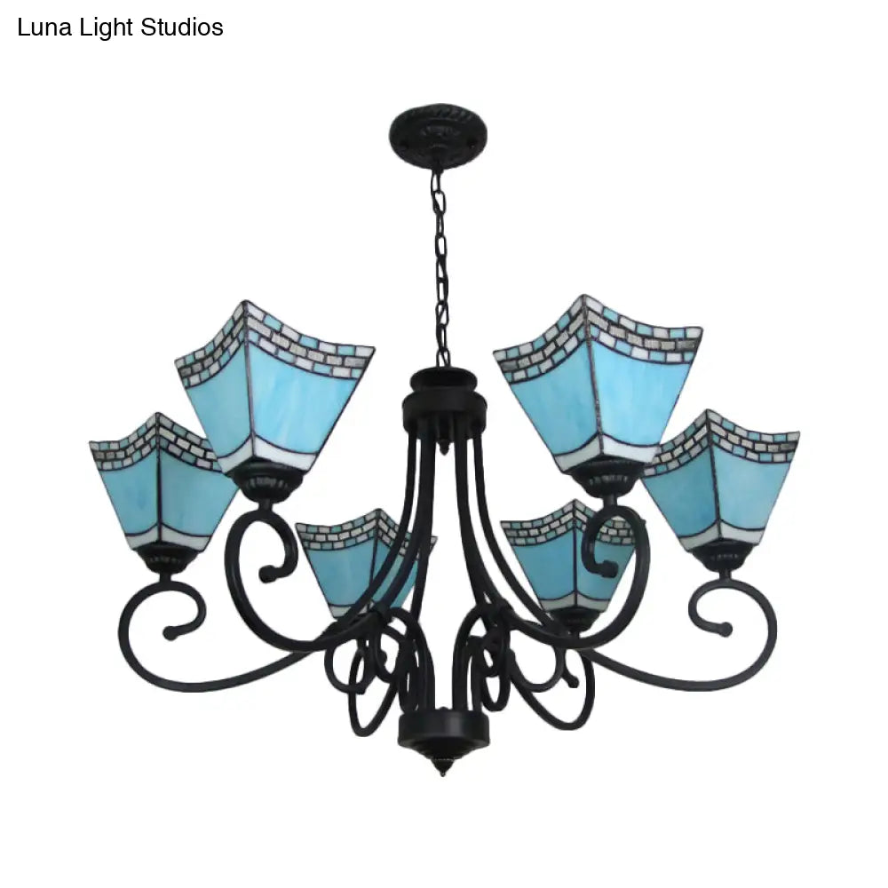 Nautical Cone Chandelier Lamp: Stained Glass Pendant Lighting In Sky Blue/Blue - 6 Lights