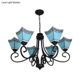Nautical Cone Chandelier Lamp: Stained Glass Pendant Lighting In Sky Blue/Blue - 6 Lights