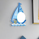 Nautical Led Wood Wall Sconce With Blue Ship Design And Opaline Glass Shade In Warm/White Light /