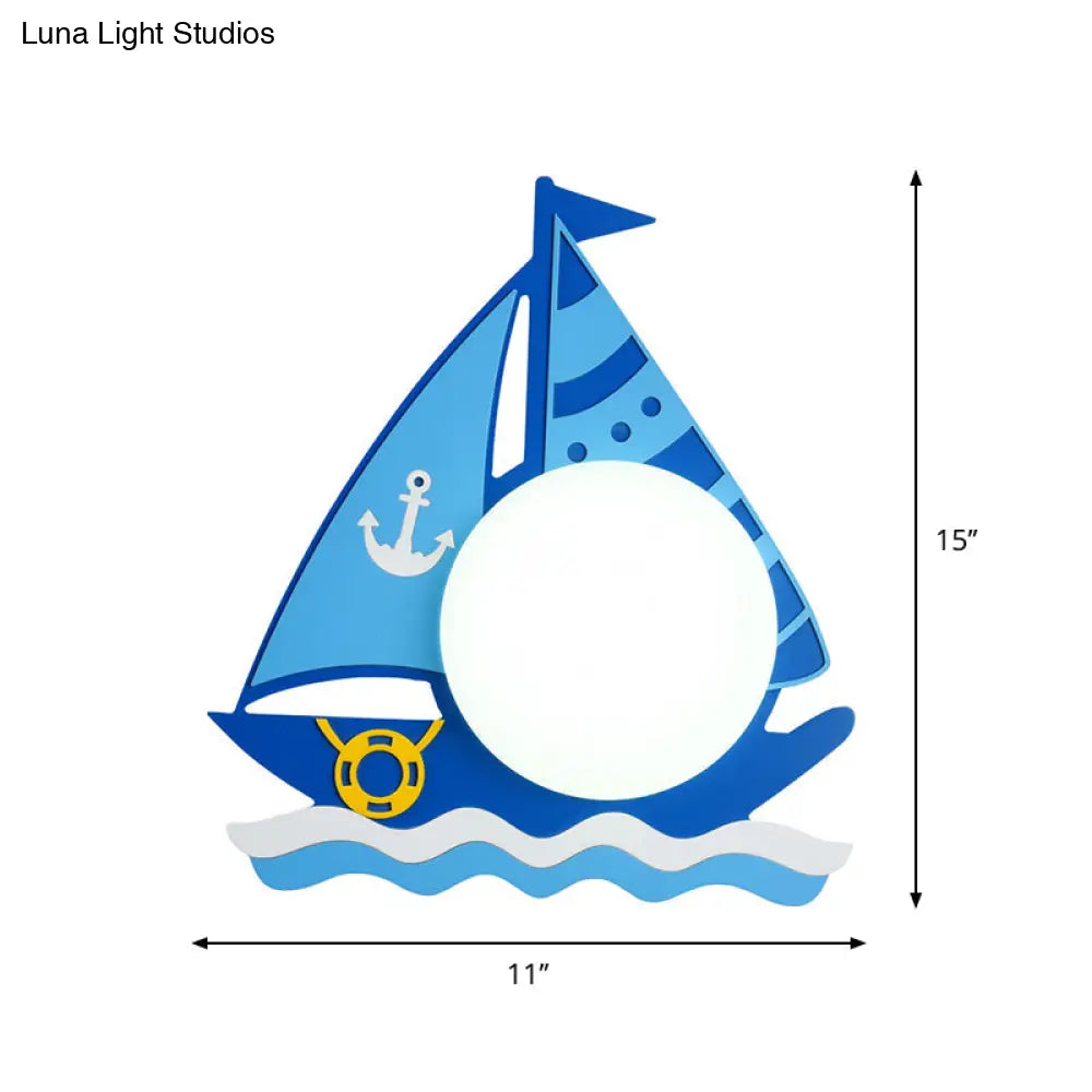 Nautical Led Wood Wall Sconce With Blue Ship Design And Opaline Glass Shade In Warm/White Light