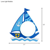 Nautical Led Wood Wall Sconce With Blue Ship Design And Opaline Glass Shade In Warm/White Light