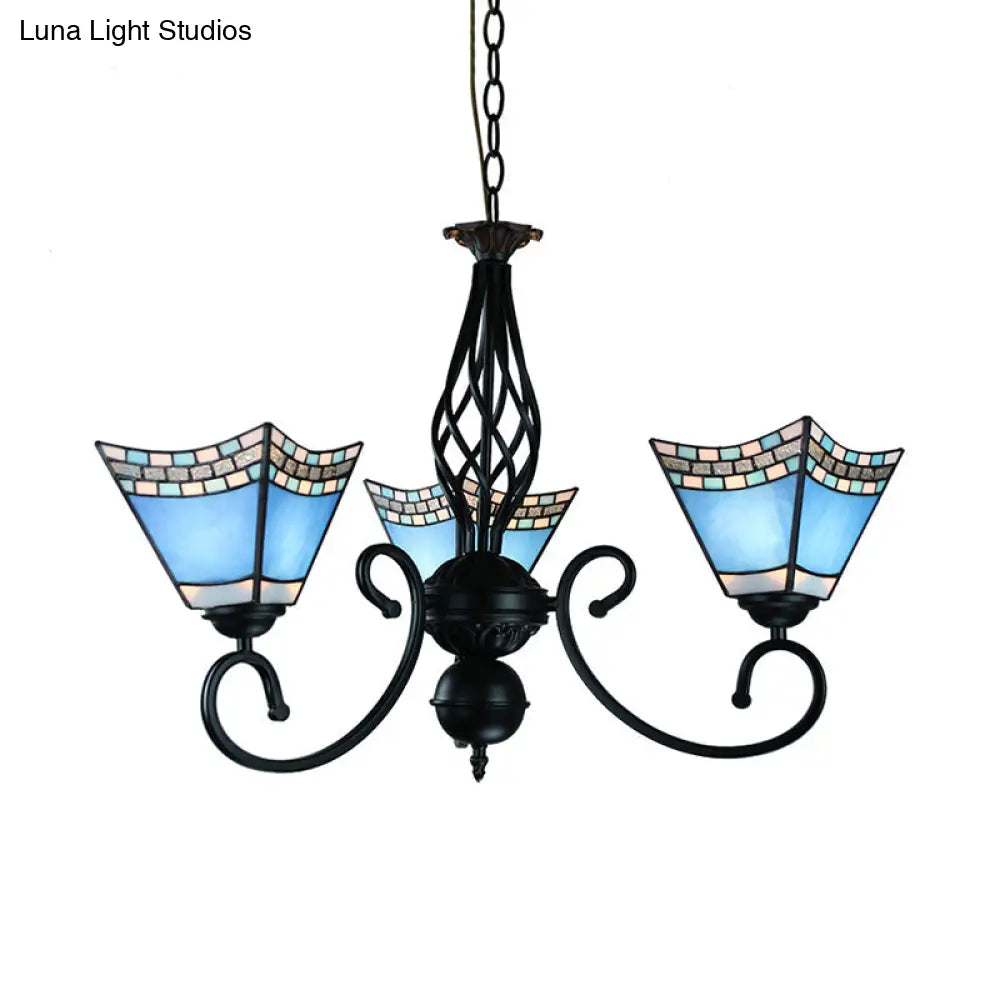 Nautical Pyramid Hanging Chandelier - Blue Glass Pendant Light With 3 Lights For Dining Room