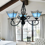 Nautical Pyramid Hanging Chandelier - Blue Glass Pendant Light With 3 Lights For Dining Room