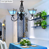 Nautical Pyramid Hanging Chandelier - Blue Glass Pendant Light With 3 Lights For Dining Room