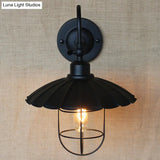 Nautical Scalloped Metal Sconce Light With Cage Shade - Wall Mounted Bedroom Lighting In Black