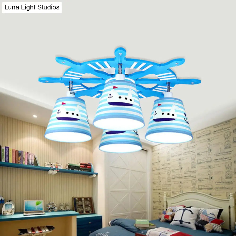Nautical Semi - Flush Ceiling Light With 4 Wood Lights In Blue For Foyer