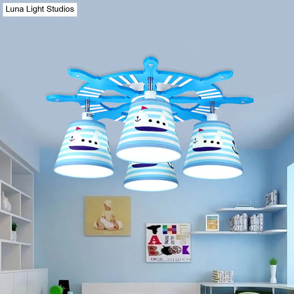 Nautical Semi - Flush Ceiling Light With 4 Wood Lights In Blue For Foyer
