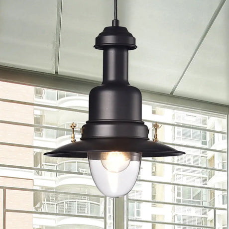 Nautical Style Flat Shade Pendant Lamp - 1 Light Metallic Suspended Black/White Finish For Kitchen