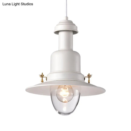 Nautical Style Flat Shade Pendant Lamp - 1 Light Metallic Suspended Black/White Finish For Kitchen