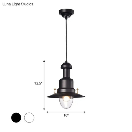 Nautical Style Flat Shade Pendant Lamp - 1 Light Metallic Suspended Black/White Finish For Kitchen