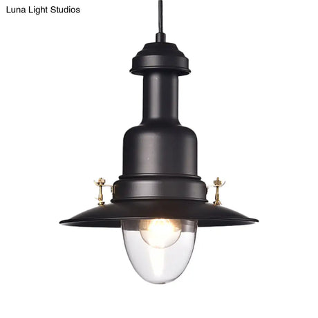 Nautical Style Flat Shade Pendant Lamp - 1 Light Metallic Suspended Black/White Finish For Kitchen