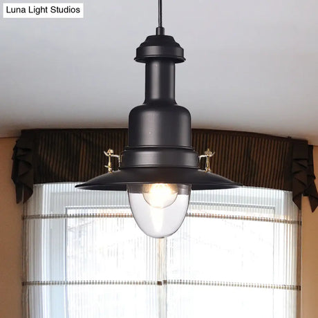 Nautical Style Flat Shade Pendant Lamp - 1 Light Metallic Suspended Black/White Finish For Kitchen
