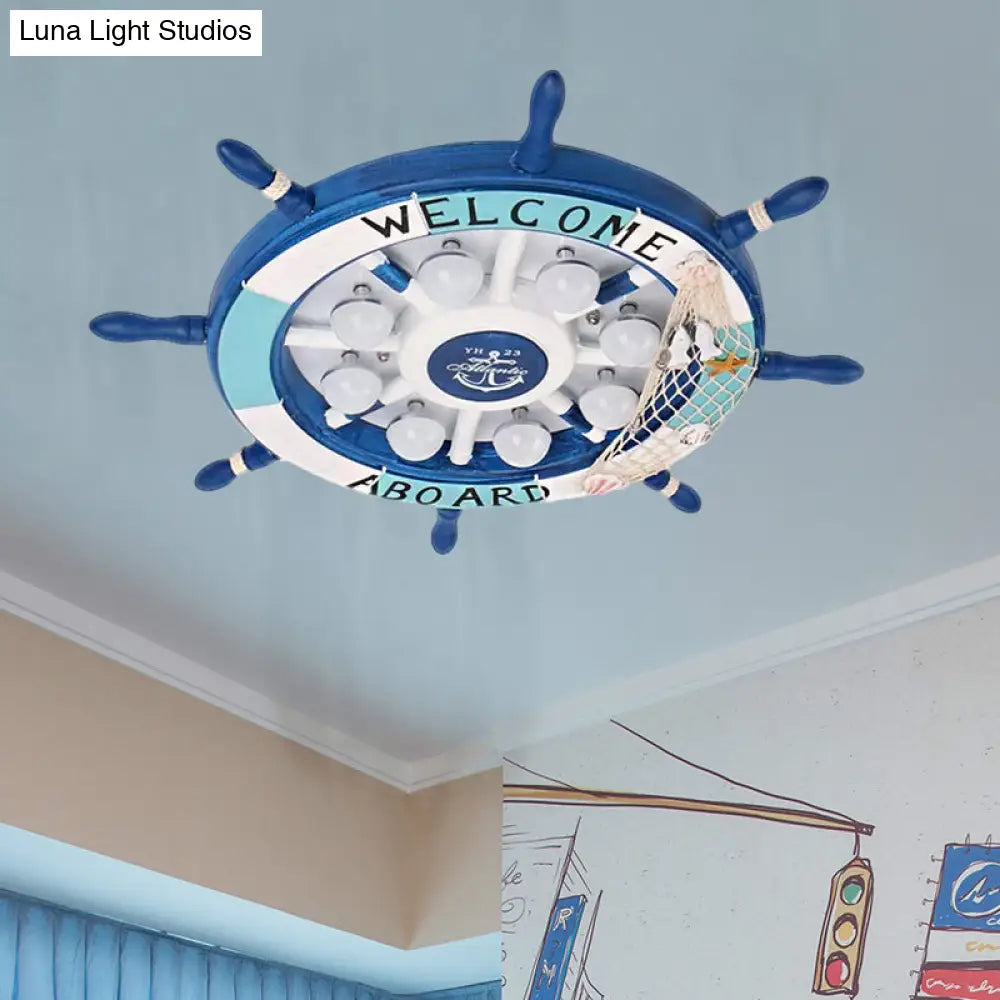 Nautical Style Flush Mount Light With Rudder Shape - 8 Lights Metal Ceiling Lamp For Nursing Room