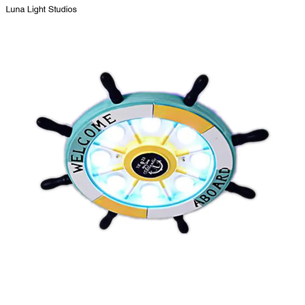 Nautical Style Flush Mount Light With Rudder Shape - 8 Lights Metal Ceiling Lamp For Nursing Room