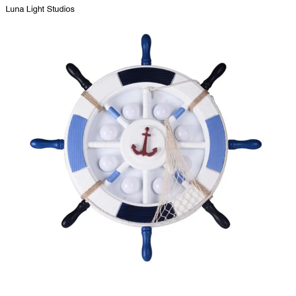Nautical Style Led Blue Flush Ceiling Light With Rudder Wood Shade