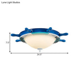 Nautical Style Led Flushmount Light With Blue Milk Glass Shade For Bedroom