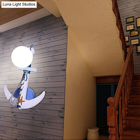 Nautical White Wall Sconce With Anchor Design: 1-Light Metal Light For Front Door