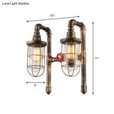 Nautical Wire Frame Sconce Light With Clear Glass Shade And Valve - 2 Bulb Iron Wall Lighting In